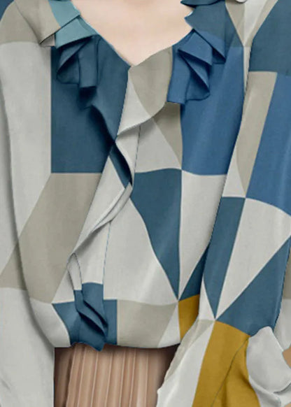 Colorblock V Neck Print Ruffles Chiffon Shirt Spring