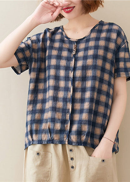 Blue O Neck Plaid Cotton T Shirt Top Short Sleeve