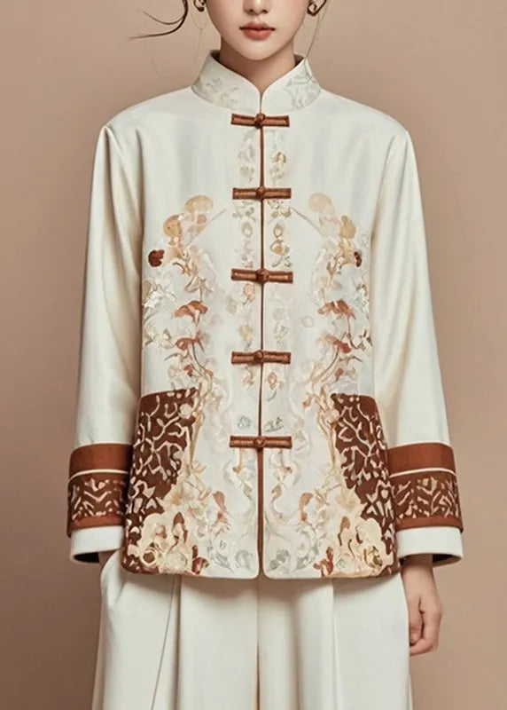 Beige Print Stand Collar Fall Coats