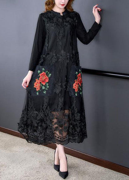 Black O-neck Embroideried Tulle Long Dresses Spring
