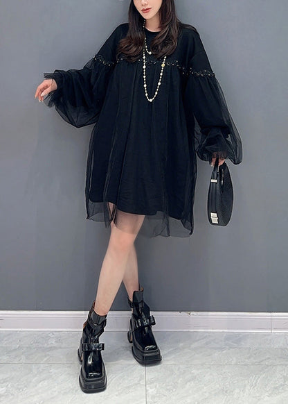Pink O Neck Tulle Patchwork Cotton Mid Dresses Fall