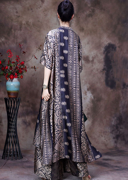 Black Asymmetrical Print Side Open Silk Long Top and Wide Leg Pant Two Piece Set Summer
