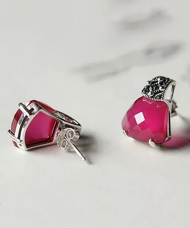 Red Sterling Silver Inlaid Gem Stone Stud Earrings