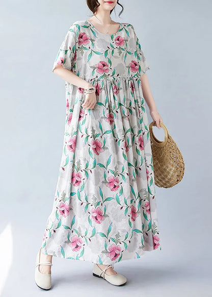 Pink Print Patchwork Holiday Long Dress Short Sleeve