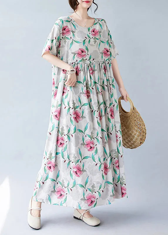 Pink Print Patchwork Holiday Long Dress Short Sleeve
