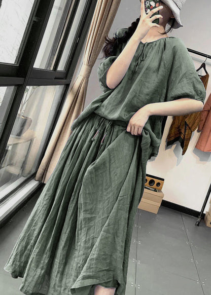 Green Wrinkled Pockets Cotton Two Pieces Set Half Sleeve