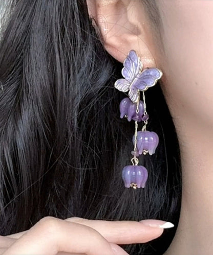 Purple Alloy Ringflower Butterfly Tassel Drop Earrings