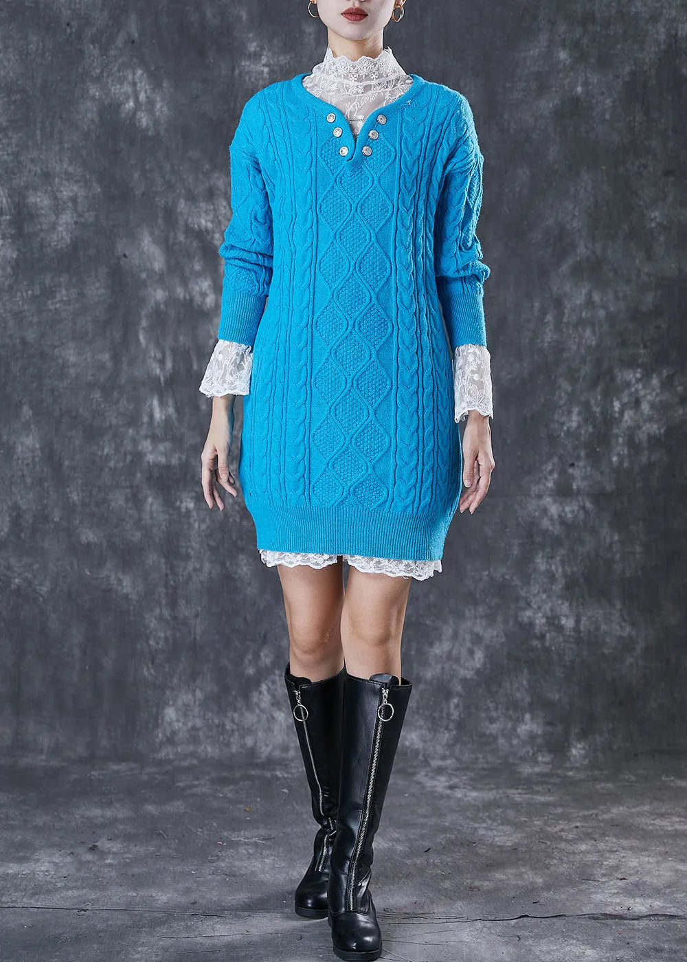 Blue V Neck Cable Knitted Dress Two Piece Set Winter