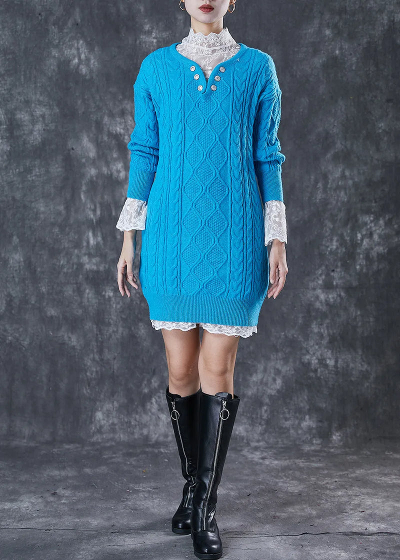 Blue V Neck Cable Knitted Dress Two Piece Set Winter