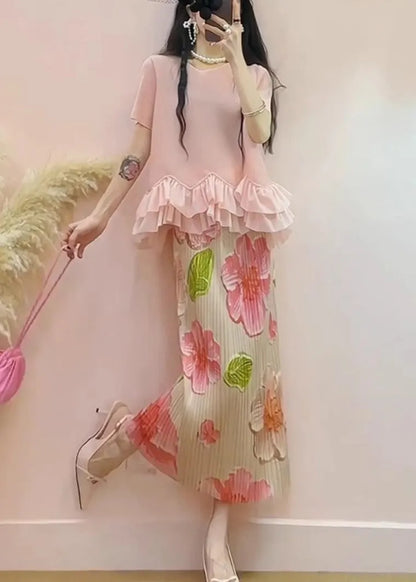 Pink Ruffled Patchwork Jacquard Silk Two Pieces Set Summer