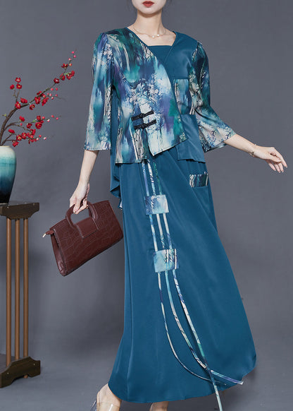 Navy Asymmetrical Patchwork Silk Oriental Dresses Two Piece Set Spring