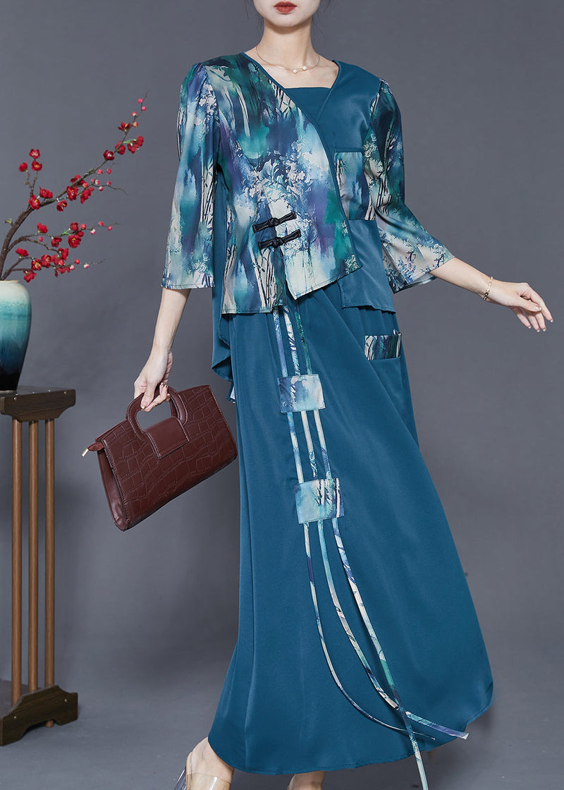 Navy Asymmetrical Patchwork Silk Oriental Dresses Two Piece Set Spring