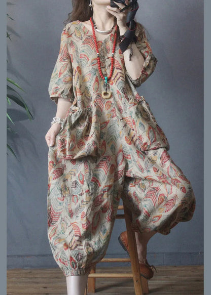 V Neck Print Pockets Linen Jumpsuit Half Sleeve