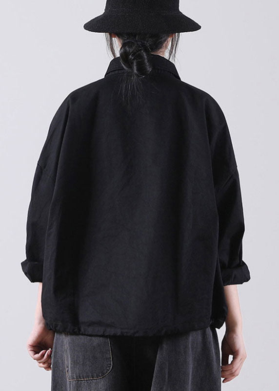 Style Black Peterpan Collar Pockets Button Fall Shirts Long Sleeve