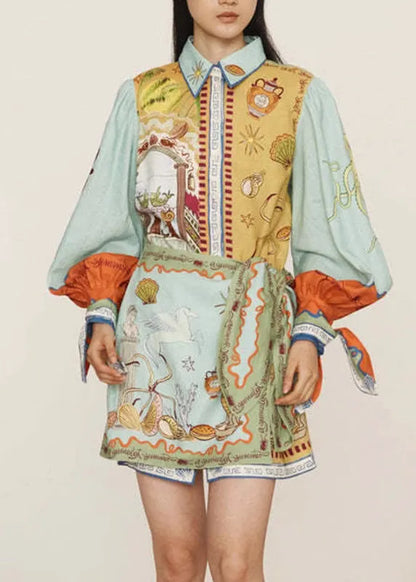 Natural Green Print Two Pieces Set Shirts and Skirts Lantern Sleeve