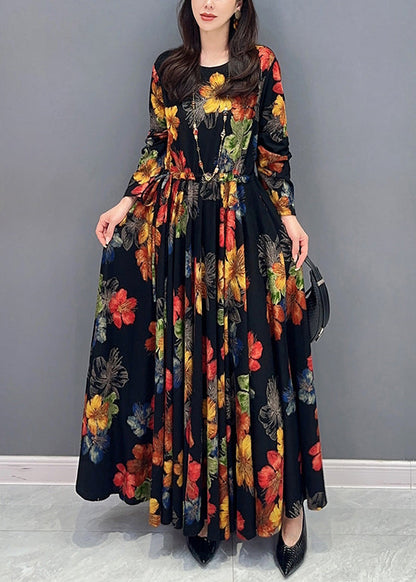 Colorblock Print Wrinkled Patchwork Cotton Long Dress Fall
