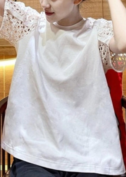 White O-neck Hollow Out T Shirt Short Sleeve