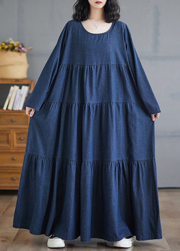 Denim Blue O-neck Wrinkled Patchwork Long Dresses Fall