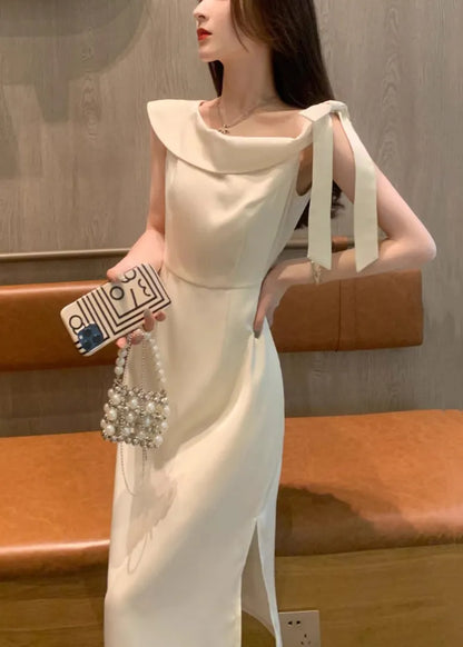 Beige Lace Up Side Open Cotton Dresses Summer