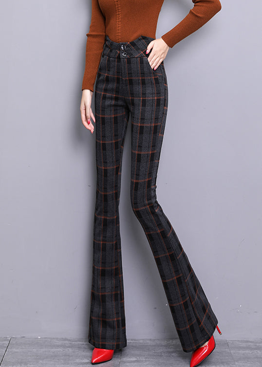 Red Plaid Button Zippered Woolen Bell Bottomed Trousers Spring