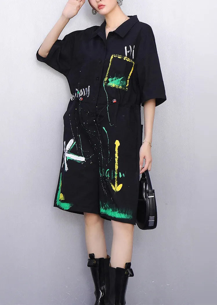 Whimsical Black Pockets Drawstring Cotton Jumpsuit Summer