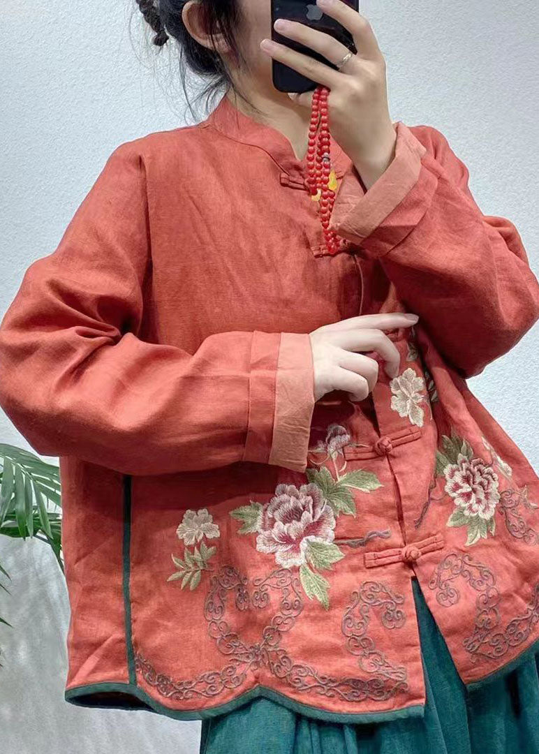Red Embroideried Oriental Button Linen Coats Spring