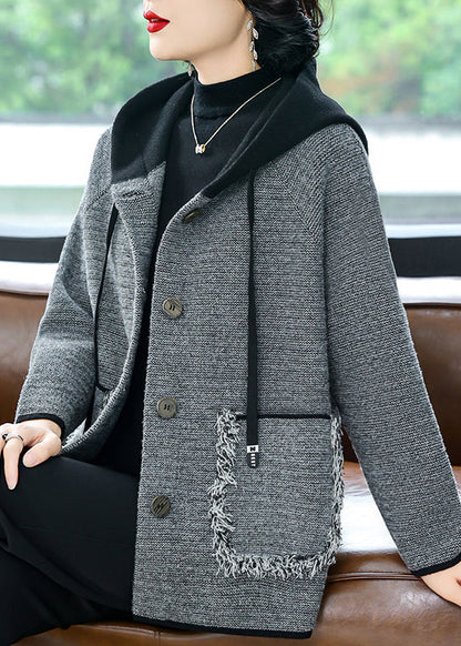 Coffee Drawstring Button Hooded Woolen Hooded Coats Fall