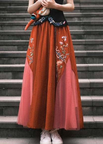 Red Embroideried Tulle a Line Skirt Summer