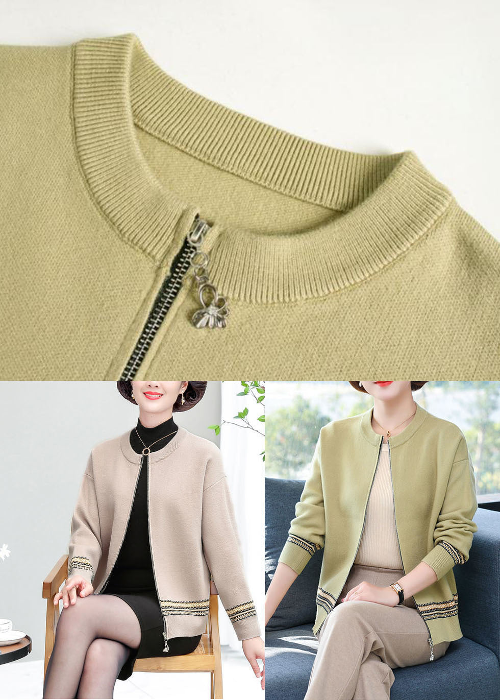 Apricot Patchwork Woolen Jackets O-neck Embroideried Long Sleeve
