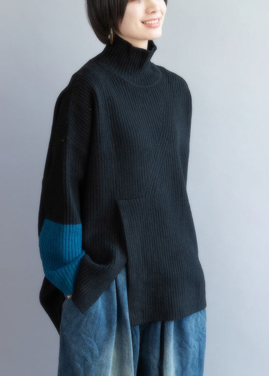Black Turtle Neck Patchwork Knit Sweaters Spring