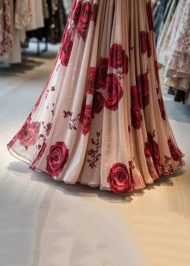 New Pink Print Wrinkled Chiffon Skirt Summer