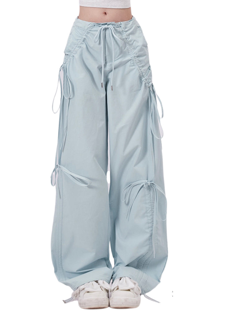 Light Blue Tie Waist Bow Cotton Pants Spring