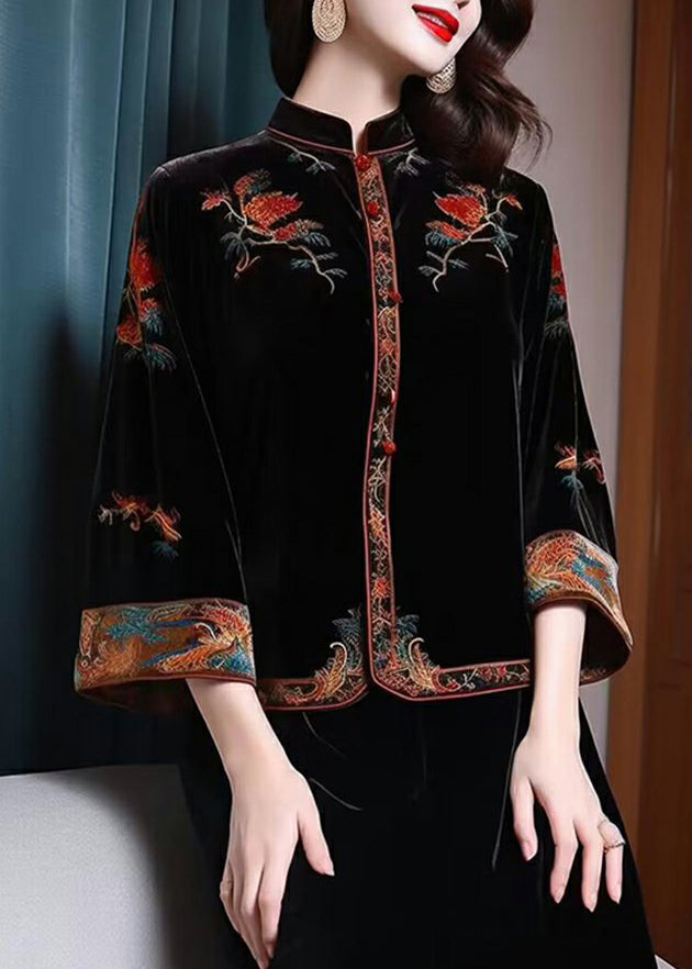 New Black Stand Collar Embroideried Patchwork Silk Velour Top Fall