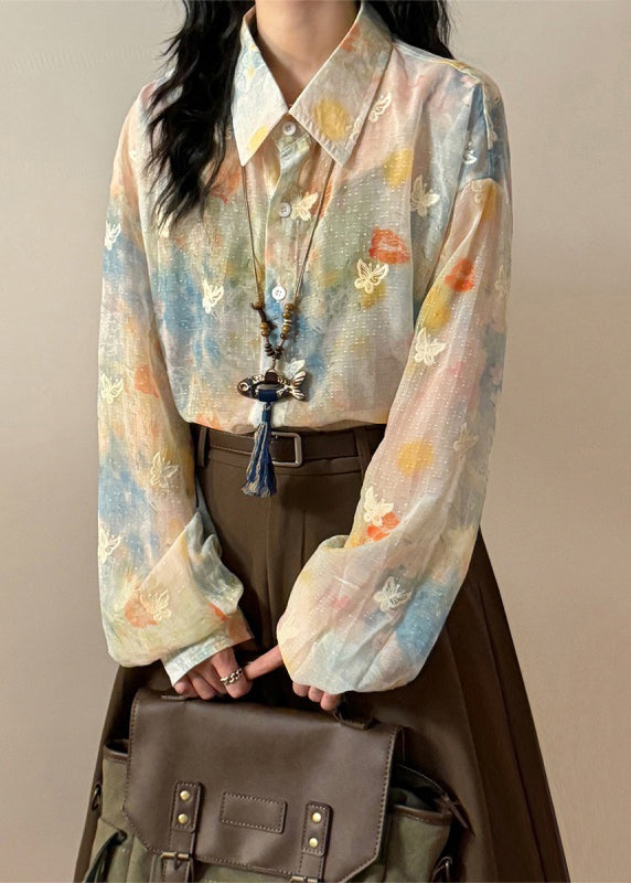 Rainbow Peter Pan Collar Butterfly Button Cotton Shirts Spring