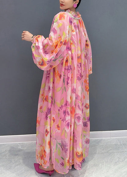 Pink Ruffled Nail Bead Print Chiffon Dresses Long Sleeve