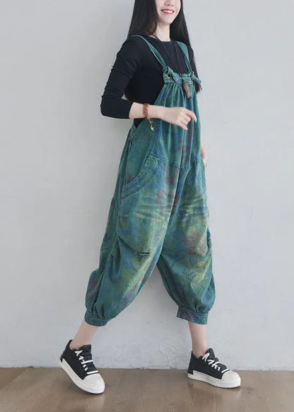 Blue Pockets Print Denim Jumpsuits Spring