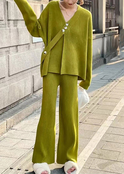 Green V Neck Tops and Crop Pants Cotton Knit Two Piece Set Fall