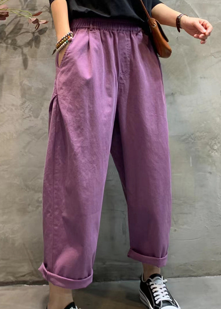 Modern Purple Elastic Waist Pockets Cotton Harem Pants Spring