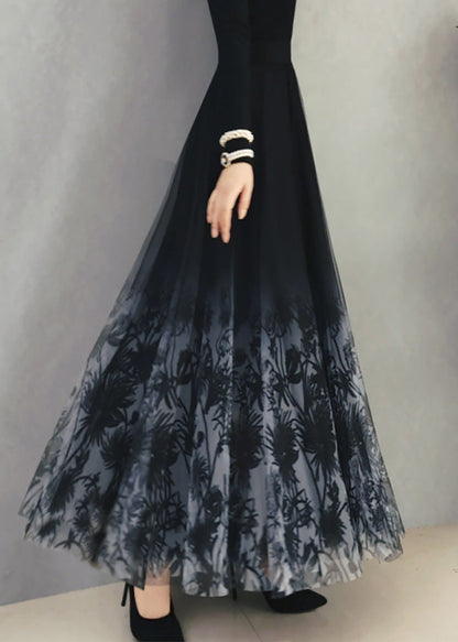Gradient Color Black Print High Waist Tulle a Line Skirt Spring
