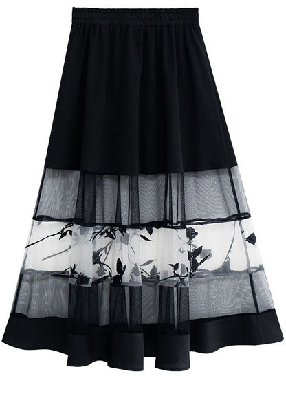 Black Elastic Waist Hollow Out Tulle Patchwork Cotton a Line Skirts Summer