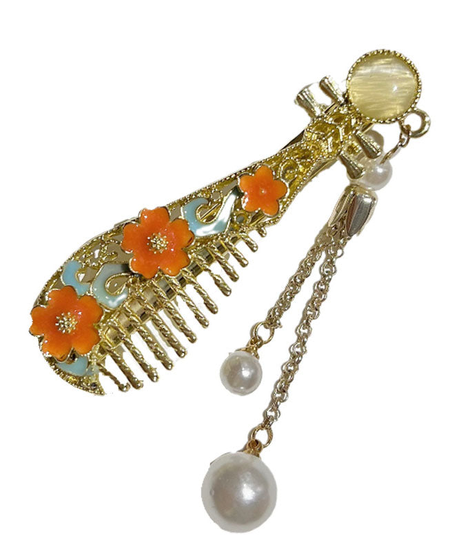 Gold Metal Pearl Tassel Lute Hairpin