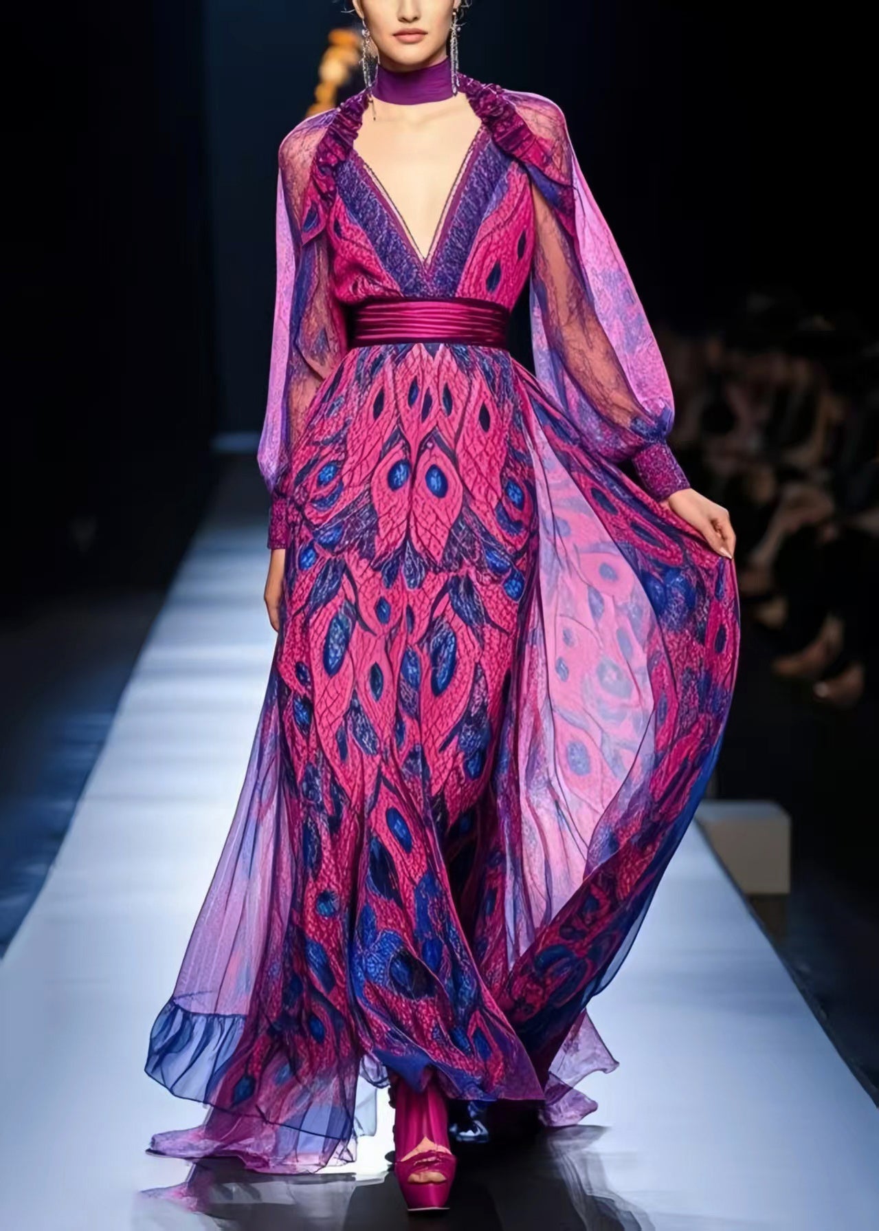 Purple Cinched Print Chiffon Party Dresses Spring