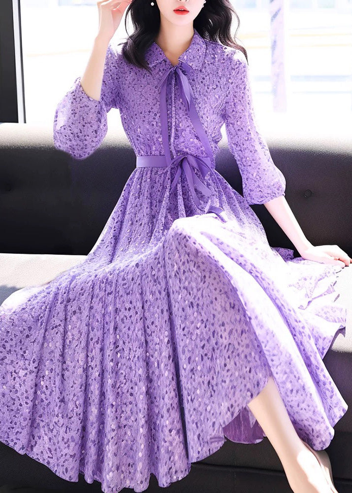 Purple Peter Pan Collar Print Chiffon Dress Bracelet Sleeve Summer