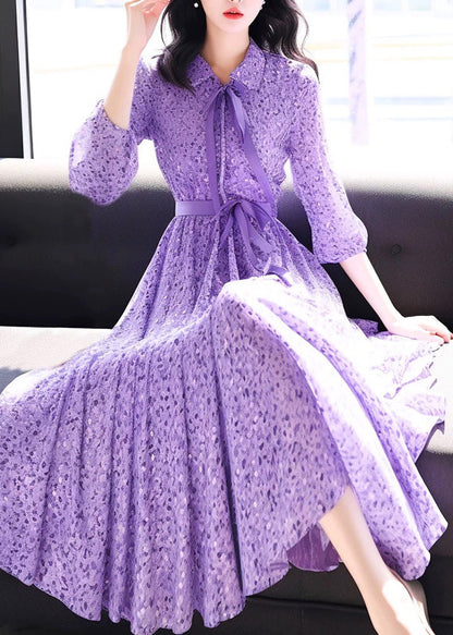 Purple Peter Pan Collar Print Chiffon Dress Bracelet Sleeve Summer
