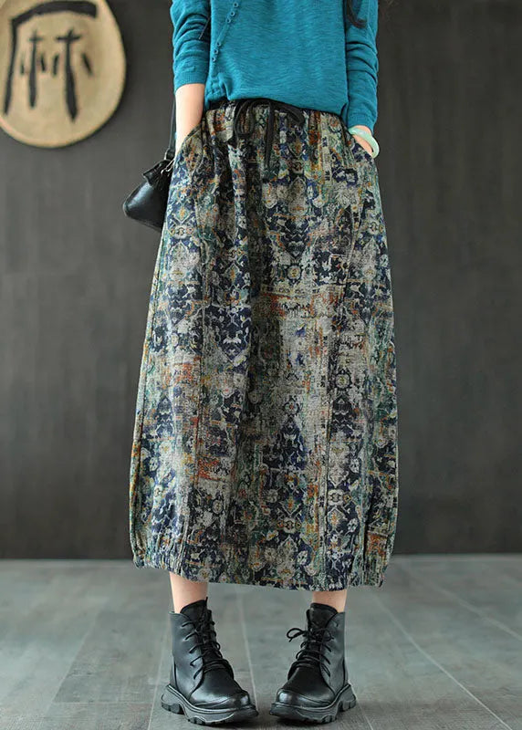 Blue Tie Dye Linen a Line Skirts Elastic Waist Pockets Summer