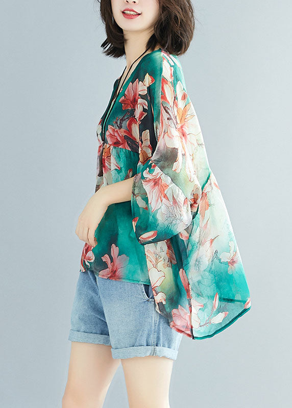Handmade Green V Neck Patchwork Print Fall Top Three Quarter Sleeve