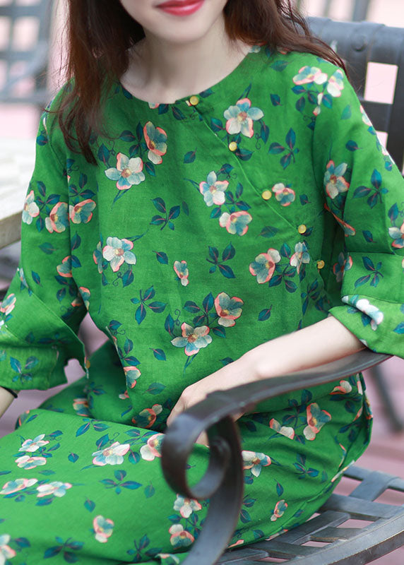 Green Print Side Open Linen Long Dress Spring