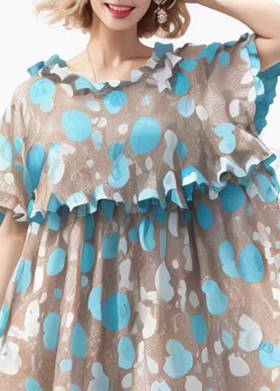 Unique Blue Print Ruffled Patchwork Silk Maxi Dress Short Sleeve