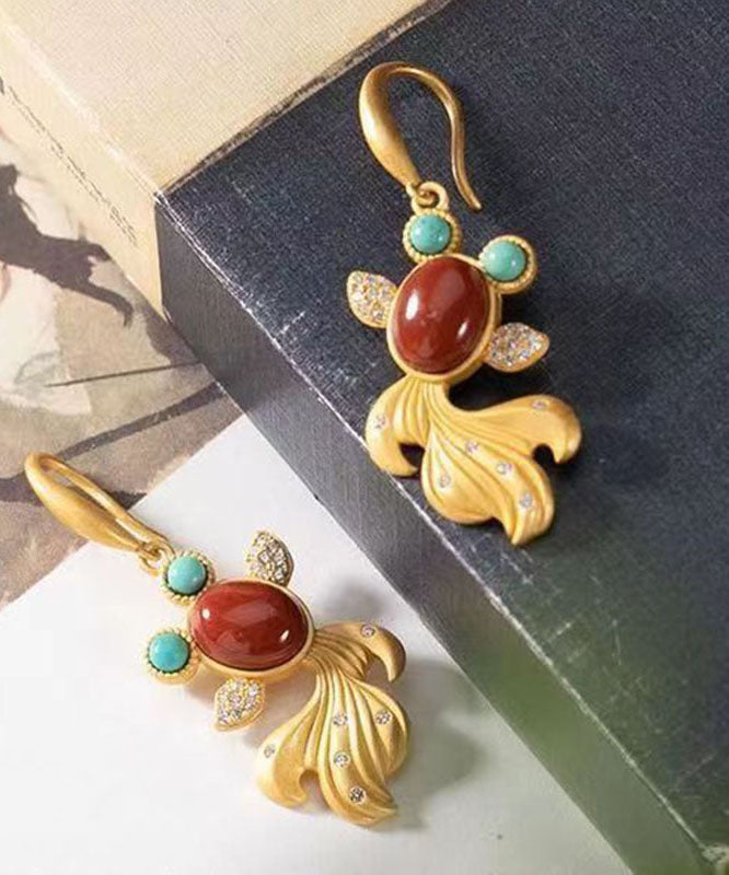 Yellow Sterling Silver Overgild Agate Zircon Turquoise Goldfish Drop Earrings