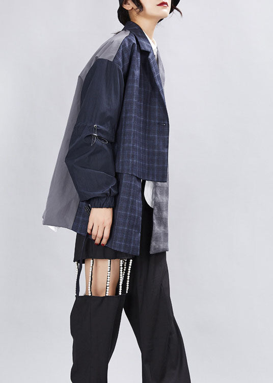 Simple Grey Patchwork Plaid Asymmetrical Design Fall Coats Long Sleeve